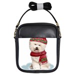 White Bichon Frise Santa Xmas T- Shirt Red Winter Hat Scarf Christmas Cap White Bichon Frise  Santa Girls Sling Bag Front