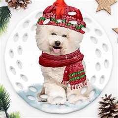 White Bichon Frise Santa Xmas T- Shirt Red Winter Hat Scarf Christmas Cap White Bichon Frise  Santa Round Filigree Ornament (two Sides) by ZUXUMI