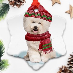 White Bichon Frise Santa Xmas T- Shirt Red Winter Hat Scarf Christmas Cap White Bichon Frise  Santa Snowflake Ornament (two Sides) by ZUXUMI