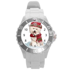 White Bichon Frise Santa Xmas T- Shirt Red Winter Hat Scarf Christmas Cap White Bichon Frise  Santa Round Plastic Sport Watch (l) by ZUXUMI