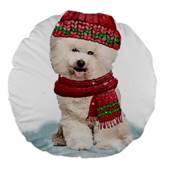 White Bichon Frise Santa Xmas T- Shirt Red Winter Hat Scarf Christmas Cap White Bichon Frise  Santa Large 18  Premium Round Cushions by ZUXUMI