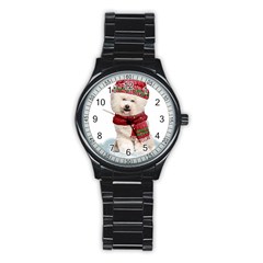 White Bichon Frise Santa Xmas T- Shirt Red Winter Hat Scarf Christmas Cap White Bichon Frise  Santa Stainless Steel Round Watch by ZUXUMI