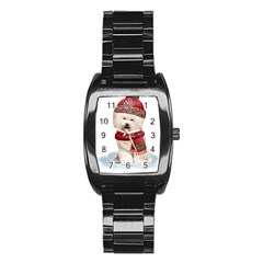 White Bichon Frise Santa Xmas T- Shirt Red Winter Hat Scarf Christmas Cap White Bichon Frise  Santa Stainless Steel Barrel Watch by ZUXUMI