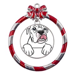 White Boxer Dog T- Shirt White Blue Eyed Boxer T- Shirt Metal Red Ribbon Round Ornament by ZUXUMI