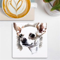 White Chihuahua T- Shirt White And Tan Chihuahua Portrait Watercolor Style T- Shirt Uv Print Square Tile Coaster  by ZUXUMI