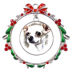 White Chihuahua T- Shirt White And Tan Chihuahua Portrait Watercolor Style T- Shirt Metal X mas Wreath Ribbon Ornament by ZUXUMI