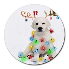 White Labrador Dog Snow Reindeer Santa T- Shirt White Labrador  Dog Snow Reindeer Santa Hat Christma Round Mousepad by ZUXUMI