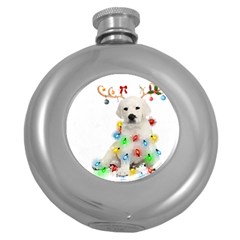 White Labrador Dog Snow Reindeer Santa T- Shirt White Labrador  Dog Snow Reindeer Santa Hat Christma Round Hip Flask (5 Oz) by ZUXUMI