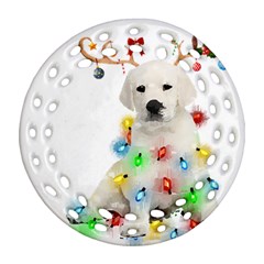 White Labrador Dog Snow Reindeer Santa T- Shirt White Labrador  Dog Snow Reindeer Santa Hat Christma Round Filigree Ornament (two Sides) by ZUXUMI