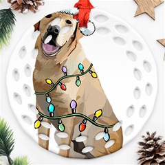 White Labrador Dog T- Shirt White Labrador Dog Santa Christmas Tree Lights Xmas T- Shirt Round Filigree Ornament (two Sides) by ZUXUMI