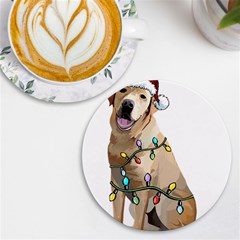 White Labrador Dog T- Shirt White Labrador Dog Santa Christmas Tree Lights Xmas T- Shirt Uv Print Round Tile Coaster by ZUXUMI