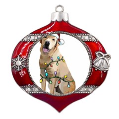 White Labrador Dog T- Shirt White Labrador Dog Santa Christmas Tree Lights Xmas T- Shirt Metal Snowflake And Bell Red Ornament by ZUXUMI