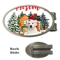 White Labrador Santa Merry T- Shirt Red Winter Christmas Hat House White Labrador  Santa Merry T- Sh Money Clips (oval)  by ZUXUMI