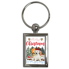 White Labrador Santa Merry T- Shirt Red Winter Christmas Hat House White Labrador  Santa Merry T- Sh Key Chain (rectangle) by ZUXUMI