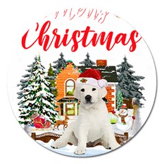 White Labrador Santa Merry T- Shirt Red Winter Christmas Hat House White Labrador  Santa Merry T- Sh Magnet 5  (round) by ZUXUMI