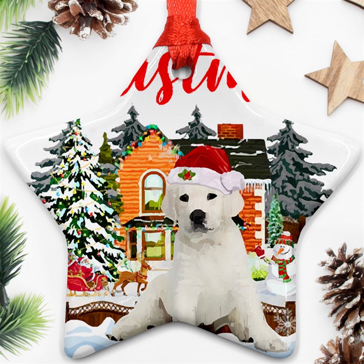 White Labrador Santa Merry T- Shirt Red Winter Christmas Hat House White Labrador  Santa Merry T- Sh Star Ornament (Two Sides)