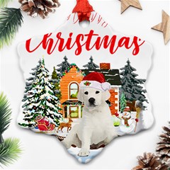 White Labrador Santa Merry T- Shirt Red Winter Christmas Hat House White Labrador  Santa Merry T- Sh Ornament (snowflake) by ZUXUMI