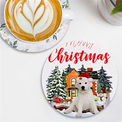 White Labrador Santa Merry T- Shirt Red Winter Christmas Hat House White Labrador  Santa Merry T- Sh Uv Print Round Tile Coaster by ZUXUMI