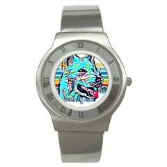 White Shepherd Turquoise Artsy T- Shirt White Shepherd (turquoise Artsy) T- Shirt Stainless Steel Watch by ZUXUMI