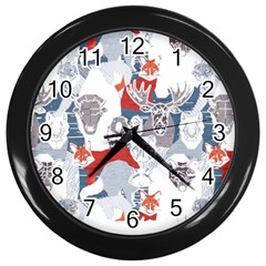 Wildlife Animals T- Shirt Canadian Wild Geometric Animals    Blue Background Brown Bear Bull Moose B Wall Clock (black) by ZUXUMI