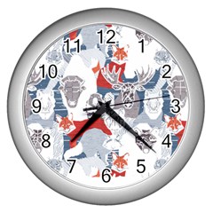 Wildlife Animals T- Shirt Canadian Wild Geometric Animals    Blue Background Brown Bear Bull Moose B Wall Clock (silver) by ZUXUMI