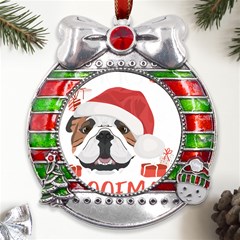 Winter T- Shirt English Bulldog Merry Christmas T- Shirt Metal X mas Ribbon With Red Crystal Round Ornament by ZUXUMI