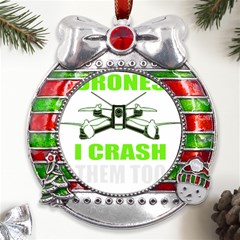 Drone Racing Gift T- Shirt Distressed F P V Race Drone Racing Drone Racer Pattern Quote T- Shirt (4) Metal X mas Ribbon With Red Crystal Round Ornament by ZUXUMI