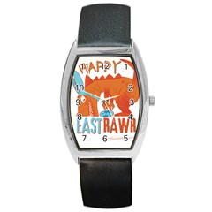 Easter Dinosaur T- Shirt Happy East Rawr T- Rex Dinosaur Easter Bunny T- Shirt Barrel Style Metal Watch by ZUXUMI