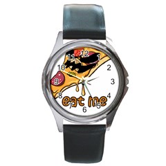 Eat Me T- Shirtscary Pizza Slice Sceaming Eat Me T- Shirt Round Metal Watch by ZUXUMI