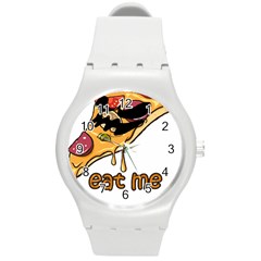 Eat Me T- Shirtscary Pizza Slice Sceaming Eat Me T- Shirt Round Plastic Sport Watch (m) by ZUXUMI