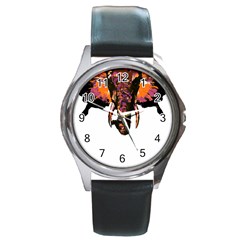 Elephant Art T- Shirtbutterfly Elephant T- Shirt Round Metal Watch by ZUXUMI