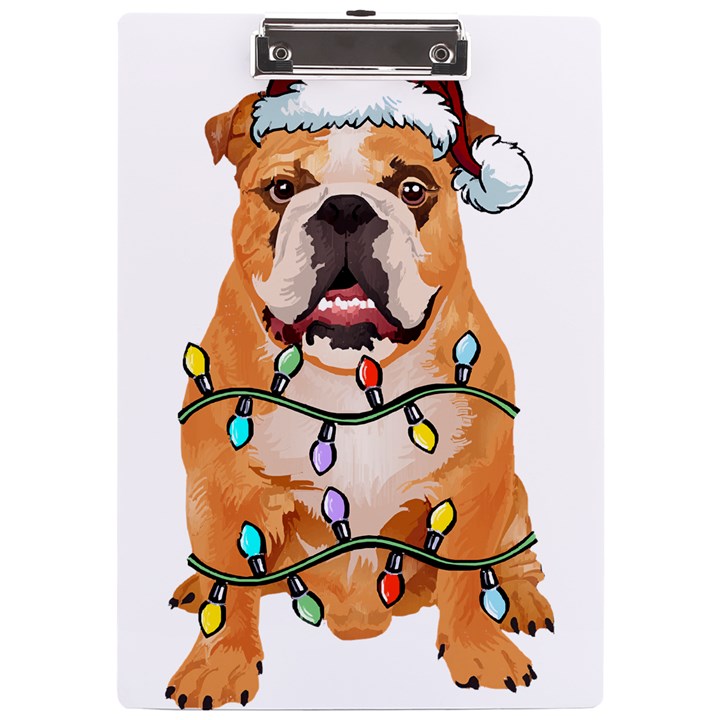 English Bulldog Santa Christmas T- Shirt English Bulldog Santa Christmas Tree Lights Xmas T- Shirt A4 Acrylic Clipboard