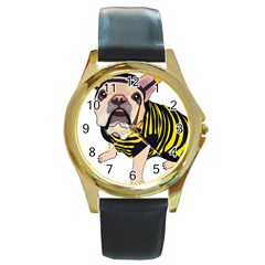 English Bulldog T- Shirt English Bee Dog T- Shirt Round Gold Metal Watch by ZUXUMI