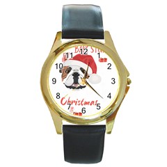 English Bulldog T- Shirt English Bulldog Merry Christmas T- Shirt (1) Round Gold Metal Watch by ZUXUMI