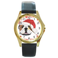 English Bulldog T- Shirt English Bulldog Merry Christmas T- Shirt (2) Round Gold Metal Watch by ZUXUMI