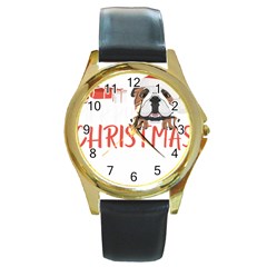 English Bulldog T- Shirt English Bulldog Merry Christmas T- Shirt (3) Round Gold Metal Watch by ZUXUMI