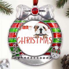 English Bulldog T- Shirt English Bulldog Merry Christmas T- Shirt (3) Metal X mas Ribbon With Red Crystal Round Ornament by ZUXUMI