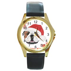 English Bulldog T- Shirt English Bulldog Merry Christmas T- Shirt (4) Round Gold Metal Watch by ZUXUMI