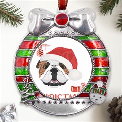 English Bulldog T- Shirt English Bulldog Merry Christmas T- Shirt (4) Metal X mas Ribbon With Red Crystal Round Ornament by ZUXUMI