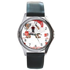 English Bulldog T- Shirt English Bulldog Merry Christmas T- Shirt (8) Round Metal Watch by ZUXUMI