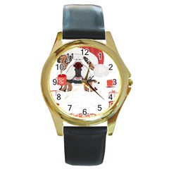 English Bulldog T- Shirt English Bulldog Merry Christmas T- Shirt (8) Round Gold Metal Watch by ZUXUMI