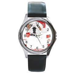 English Bulldog T- Shirt English Bulldog Merry Christmas T- Shirt Round Metal Watch by ZUXUMI