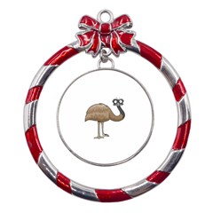 Ostrich T-shirtwhite Look Calm Ostrich 23 T-shirt (1) Metal Red Ribbon Round Ornament by EnriqueJohnson