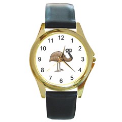 Ostrich T-shirtwhite Look Calm Ostrich 23 T-shirt Round Gold Metal Watch by EnriqueJohnson