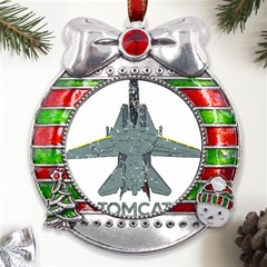 F14 Tomcat Fighter Jet T- Shirt F14 Tomcat Comic Drawing Quote T- Shirt (2) Metal X mas Ribbon With Red Crystal Round Ornament by ZUXUMI