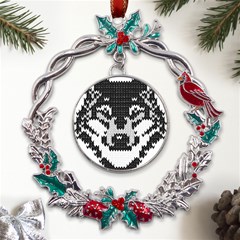 Fair Isle Wolf T- Shirt Fair Isle Knitting Grey Wolf    Spot Illustration    Black And White Wolf T- Metal X mas Wreath Holly Leaf Ornament by ZUXUMI