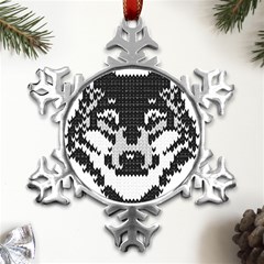 Fair Isle Wolf T- Shirt Fair Isle Knitting Grey Wolf    Spot Illustration    Black And White Wolf T- Metal Small Snowflake Ornament by ZUXUMI