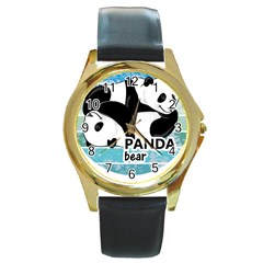 Panda Bear T-shirtcute Panda Bears T-shirt Round Gold Metal Watch by EnriqueJohnson