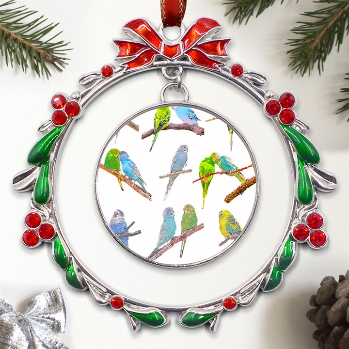 Parakeet T-shirtlots Of Colorful Parakeets - Cute Little Birds T-shirt Metal X mas Wreath Ribbon Ornament