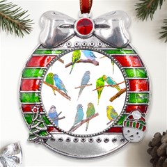 Parakeet T-shirtlots Of Colorful Parakeets - Cute Little Birds T-shirt Metal X Mas Ribbon With Red Crystal Round Ornament